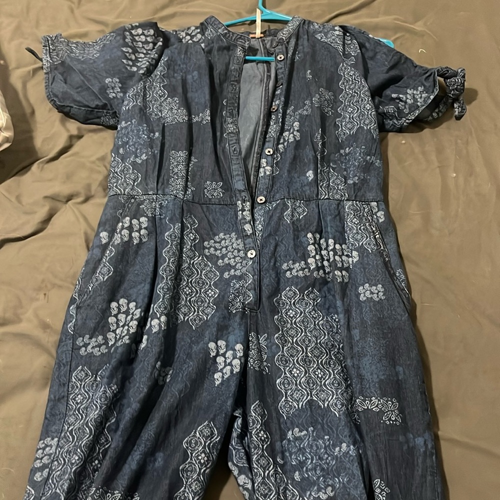 Free People Indigo Daze Tie Shoulder Chambray Boho Jumpsuit
